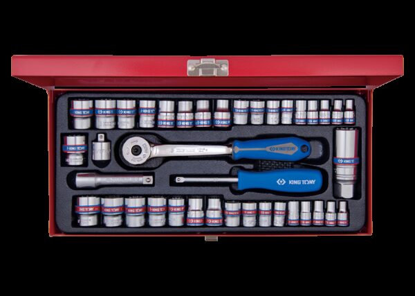 Caja de vasos 1/4" y 3/8" métricos y en pulgadas con accesorios - 39 piezas