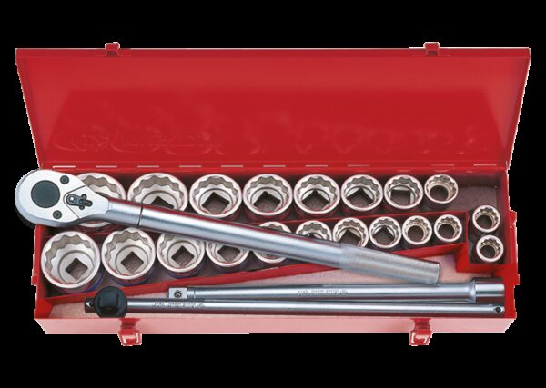 Caja de vasos 3/4" métricos y en pulgadas con accesorios - 24 piezas