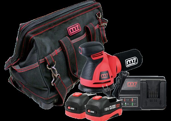 Lijadora orbital de batería + 2 baterías + cargador + caja de herramientas textil